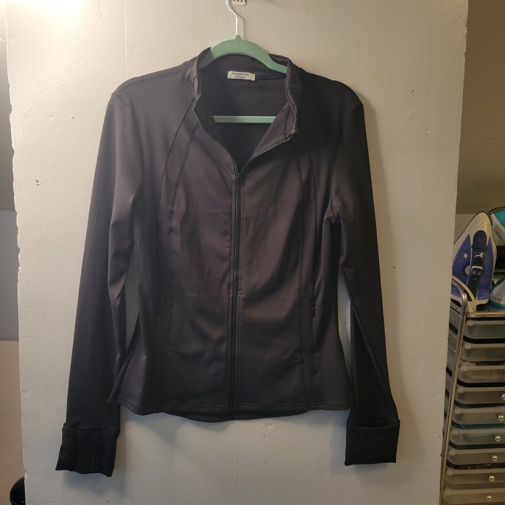 Women's Black Full Zip Athletic Jacket Thumbhole Performance Activewear Size L